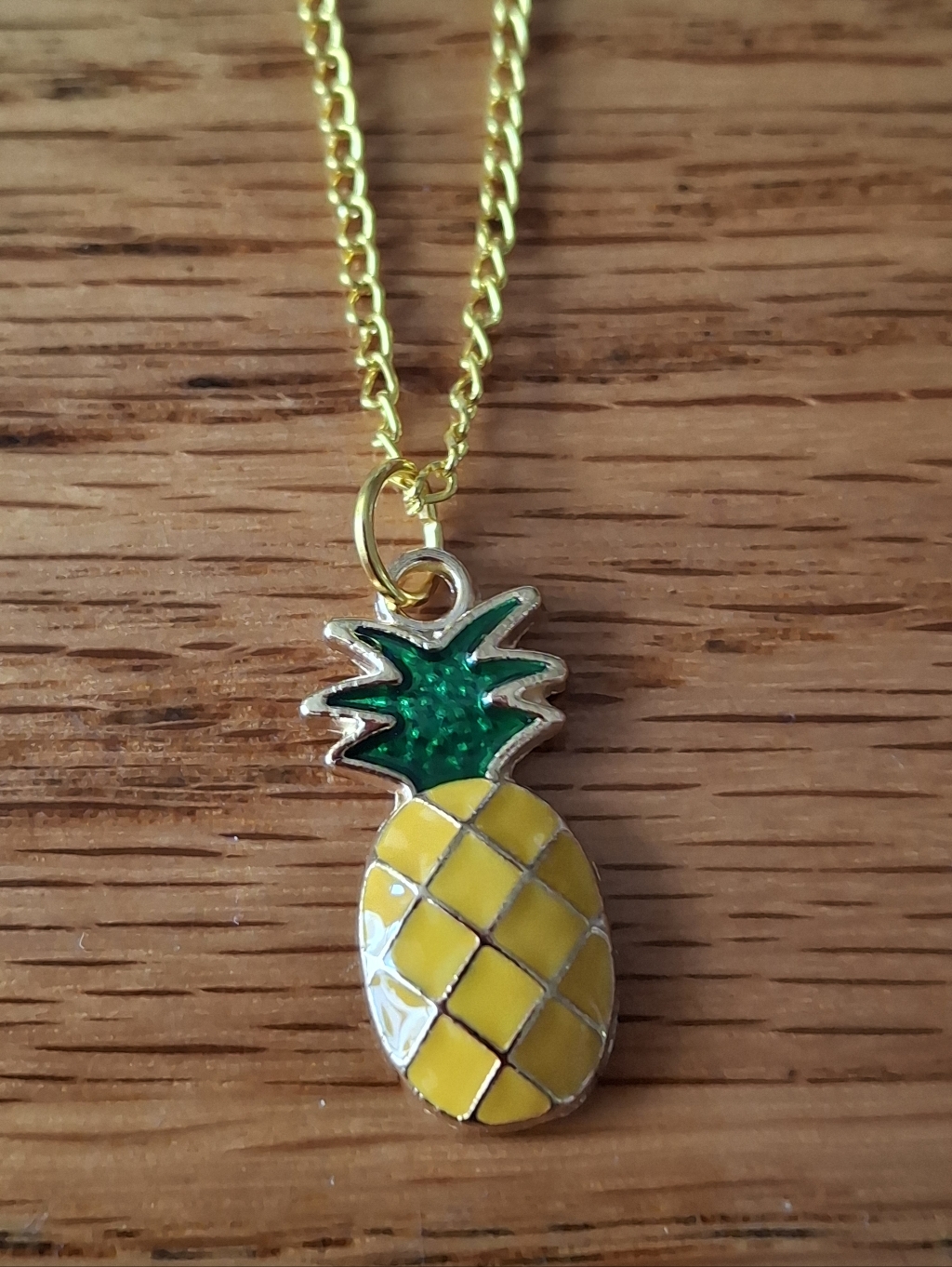 GoldTone Pineapple Pendant Necklace With Yellow  Green Enamel